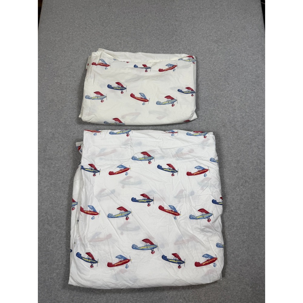 Pottery Barn Kids Twin Flat Sheet and Duvet Cover Set Airplane Print Cotton